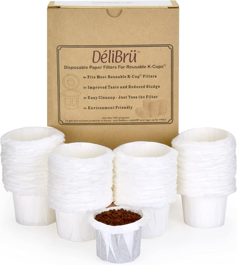 Delibru K Cup Disposable Paper Filters 100 Pack Fits With All Reusable Coffee Pods  Compostable and Disposable Coffee Filters for Keurig Single Cup