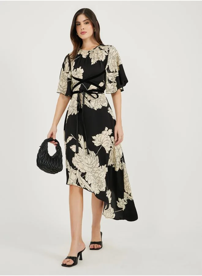 ستايلي Floral Print Flute Sleeves Asymmetric Hem Midi Dress