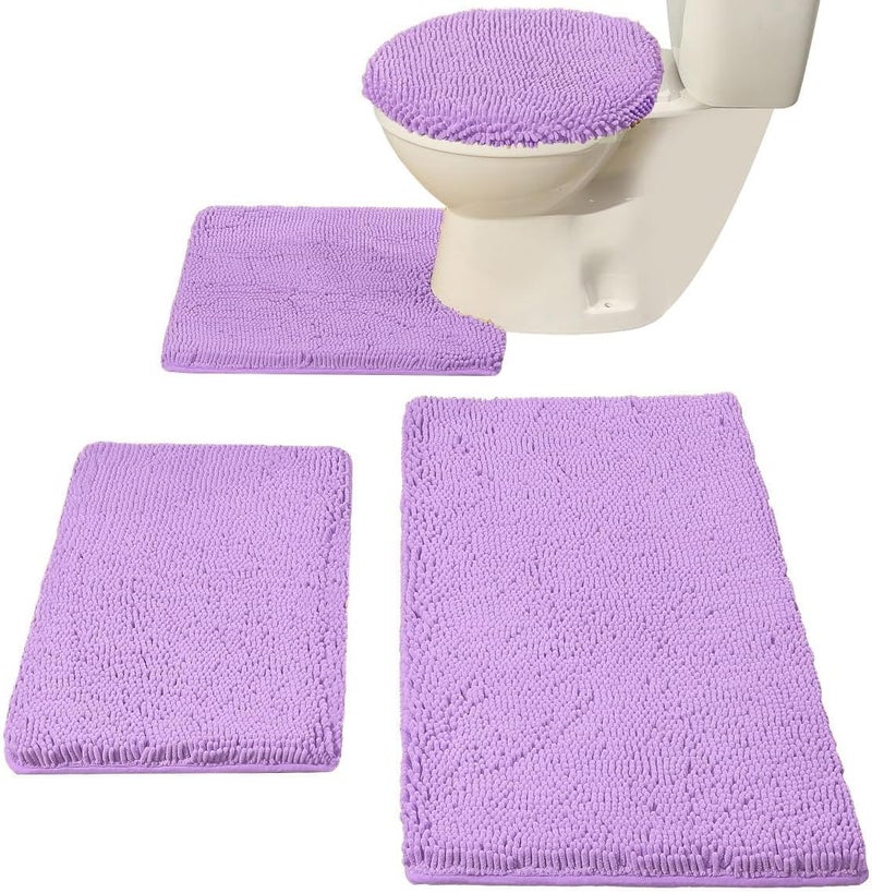 Madeals Chenille Bath Rug Set 4 Piece with Toilet Lid Cover and Rug Set Combo, Soft Shaggy Bath Rug Set 3 Piece and U-Shaped Toilet Floor Rug Lavender - Image 3