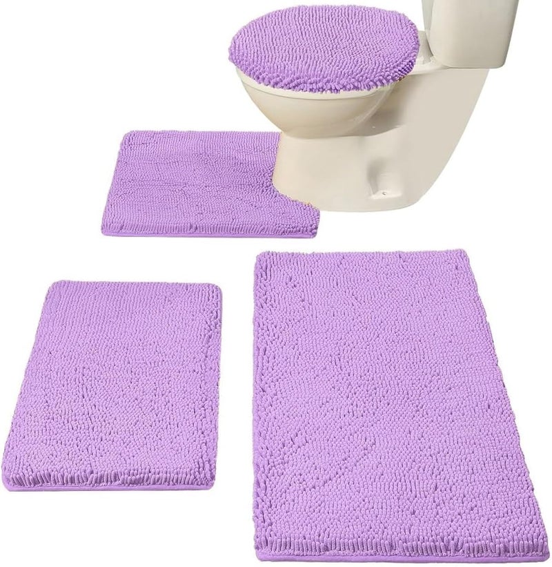 Madeals Chenille Bath Rug Set 4 Piece with Toilet Lid Cover and Rug Set Combo, Soft Shaggy Bath Rug Set 3 Piece and U-Shaped Toilet Floor Rug Lavender - Image 1
