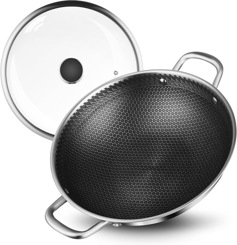 Masroo Stainless Steel Wok pan, 32CM Hybrid Woks & Stir-fry Pans, Nonstick Cookware with Lid, Deep Frying Pan, Large Kadai Skillet, Saute Pan, Cooking Pot Compatible with All Cooktops, Dishwasher Safe - Image 1