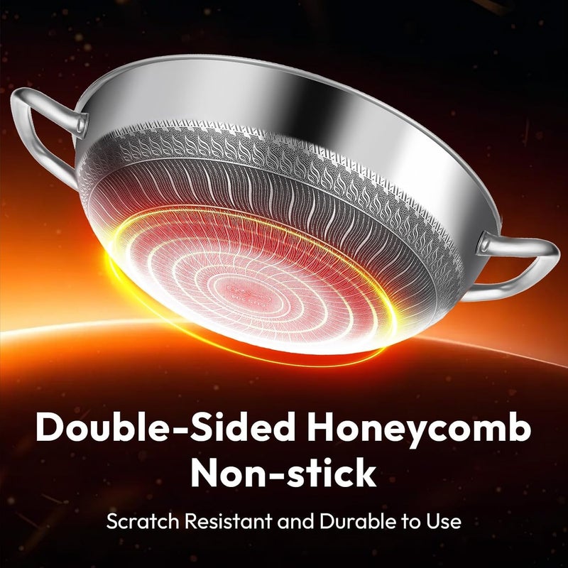Masroo Stainless Steel Wok pan, 32CM Hybrid Woks & Stir-fry Pans, Nonstick Cookware with Lid, Deep Frying Pan, Large Kadai Skillet, Saute Pan, Cooking Pot Compatible with All Cooktops, Dishwasher Safe - Image 3