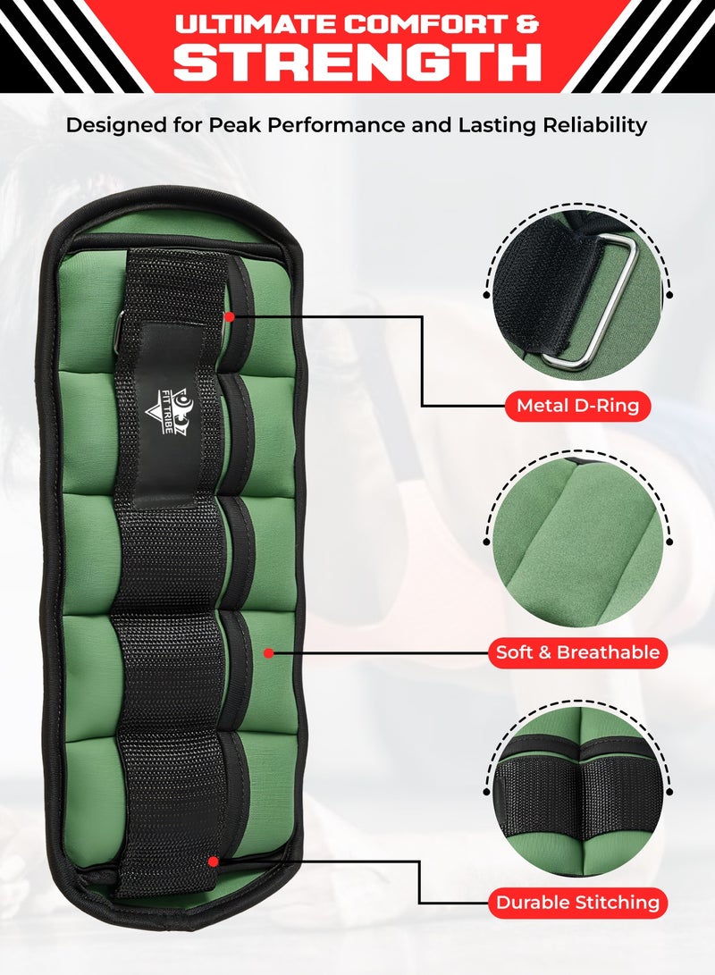 FIT TRIBE 2pcs Adjustable Ankle Weights 1-5 lbs Each, 2-10 lbs Pair Leg Weights, Perfect for Strength Training, Fitness, Core Workouts, Walking, and Jogging, Comfortable Secure Fit for Men & Women (Olive) - Image 2