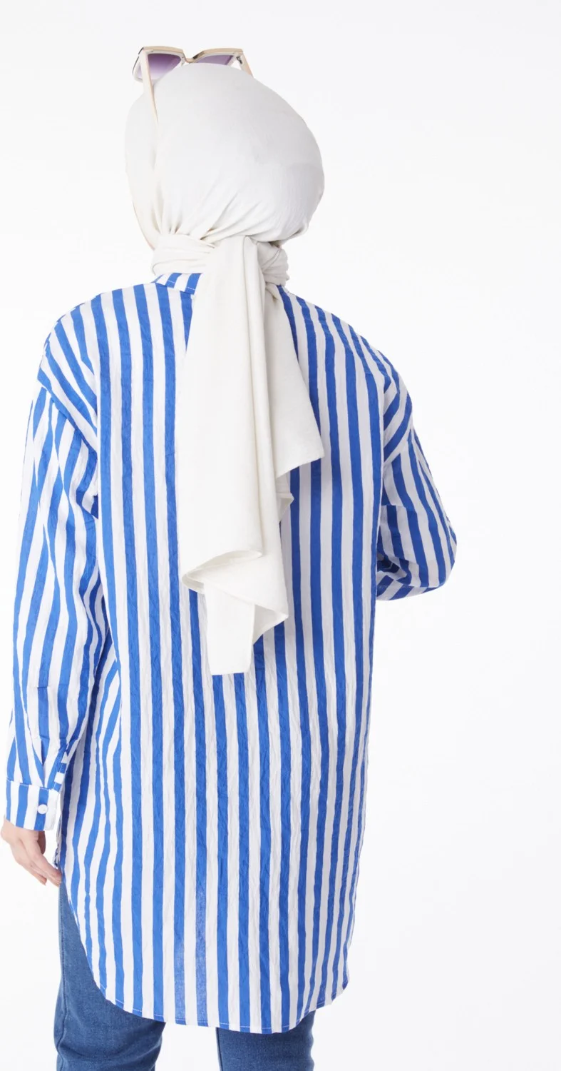 Tofisa Plain Shirt Collar Women's Blue Striped Tunic - 13172