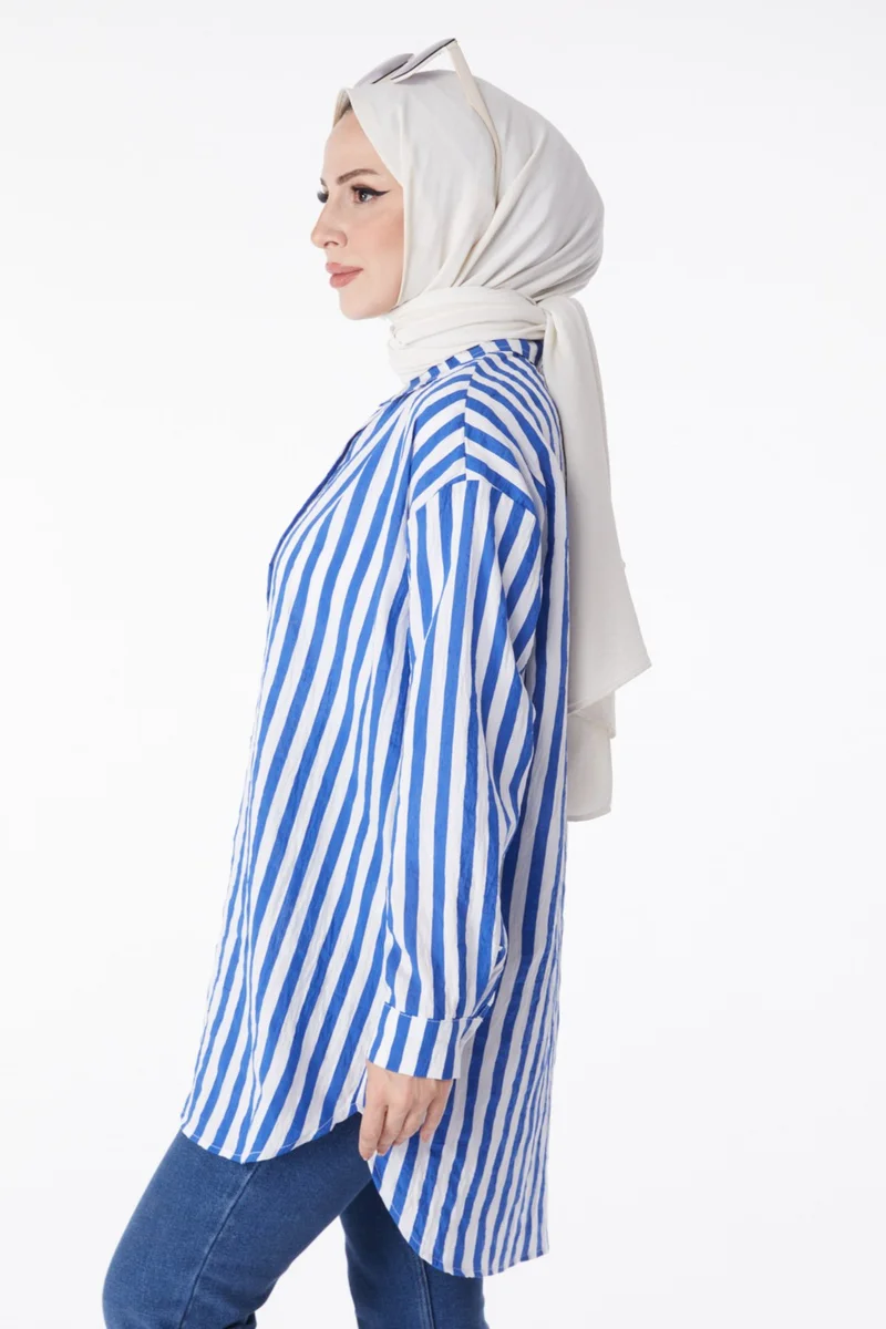Tofisa Plain Shirt Collar Women's Blue Striped Tunic - 13172