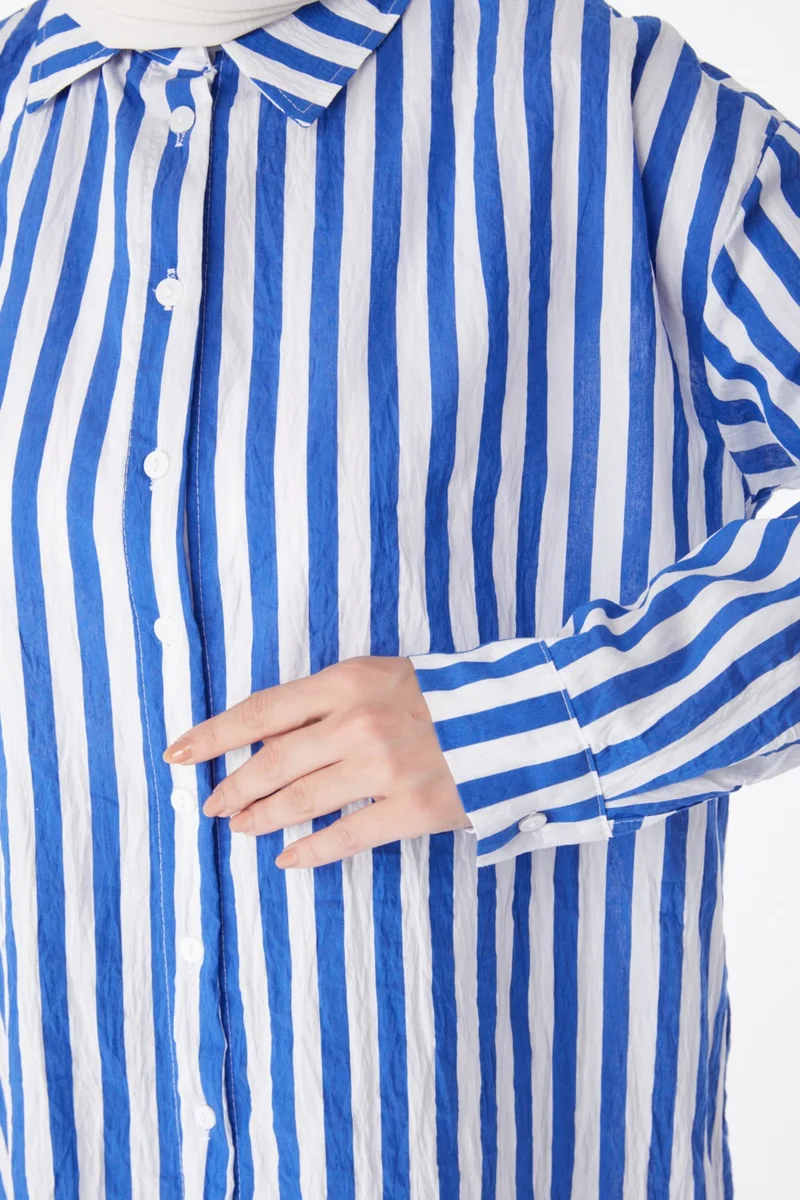 Tofisa Plain Shirt Collar Women's Blue Striped Tunic - 13172