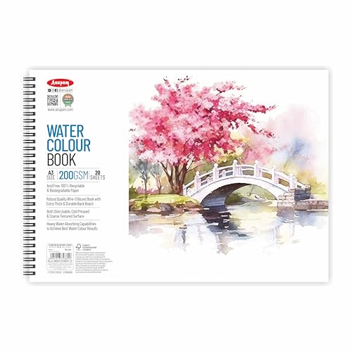 Anupam Watercolour Book 200GSM Natural White Paper with Grained Surface Usable on Both Side 40 Pages A3 for Watercolour, Gouache, Ink, Acrylic, Wet & Mixed Media, Art Painting, Drawing - Image 1