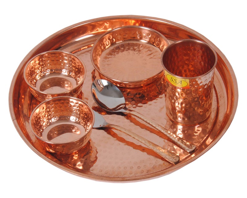 SHIV SHAKTI ARTS Hammered Traditional Design Copper Thali Set,Multicuisine Dinnerware Pieces 7 Pieces Set - Image 2