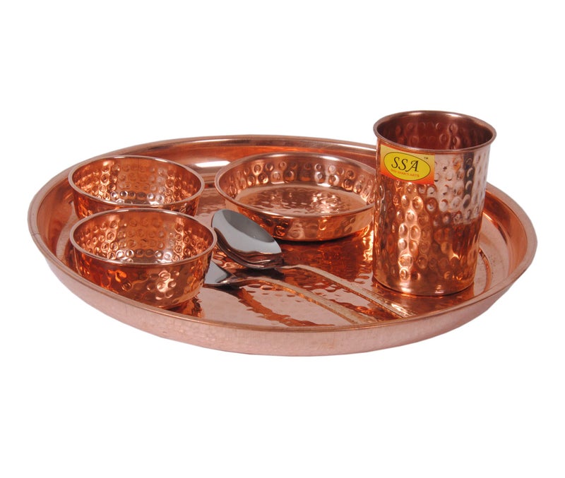 SHIV SHAKTI ARTS Hammered Traditional Design Copper Thali Set,Multicuisine Dinnerware Pieces 7 Pieces Set - Image 1