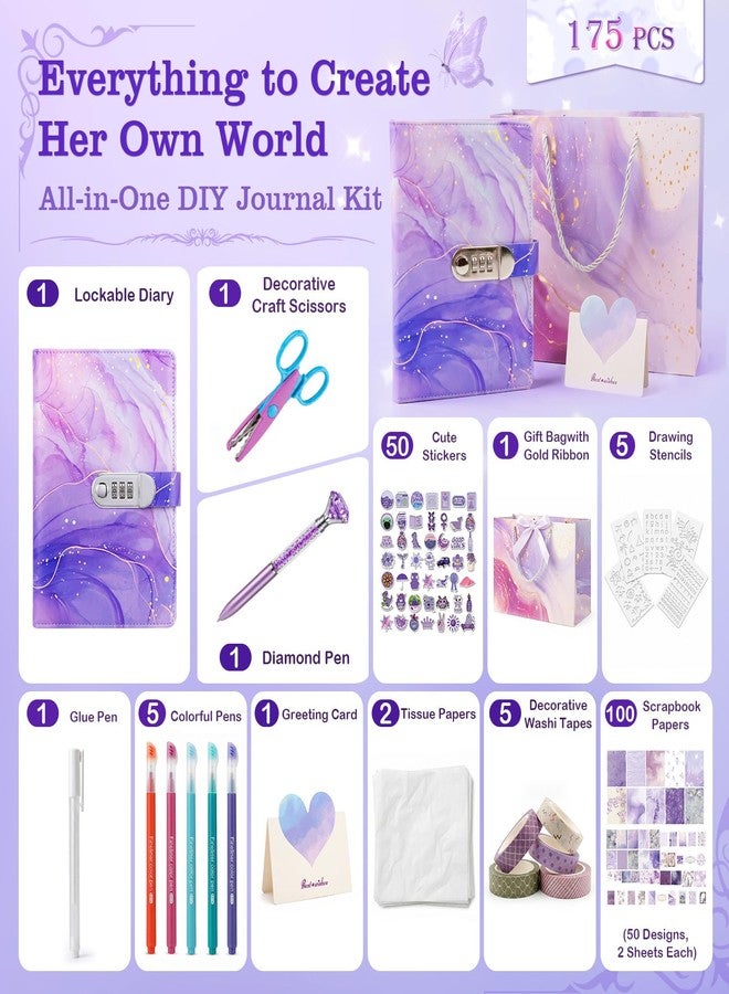 Leesgel DIY Diary with Lock for Girls, Secret Journal Kit Scrapbooking Kit Stationary Diary Supplies, Art Crafts Birthday Gifts Ideas for Girls Ages 8-12 (Purple) - Image 2