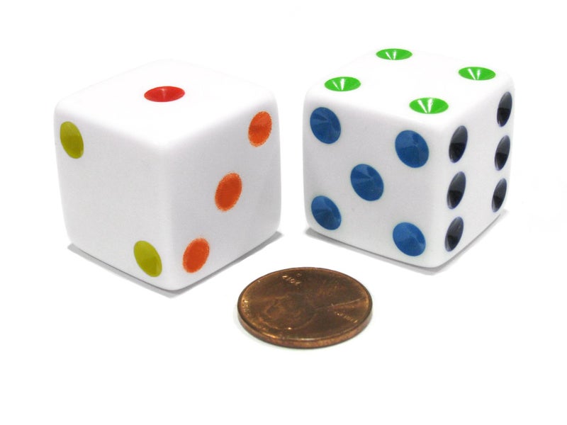Koplow Games Set of 2 D6 25mm Large Opaque Jumbo Dice - White with Multicolor Pips - Image 5