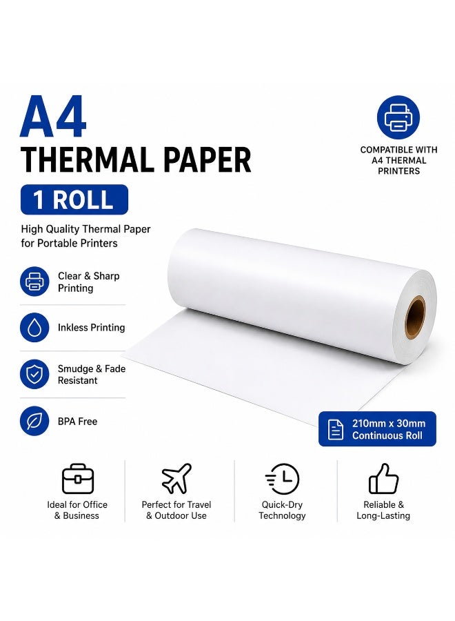 A4 Thermal Printer Paper Roll 210 × 30mm | Continuous Direct Thermal Paper | Smudge-Free Printing | Office, Business & Travel Use - Image 1