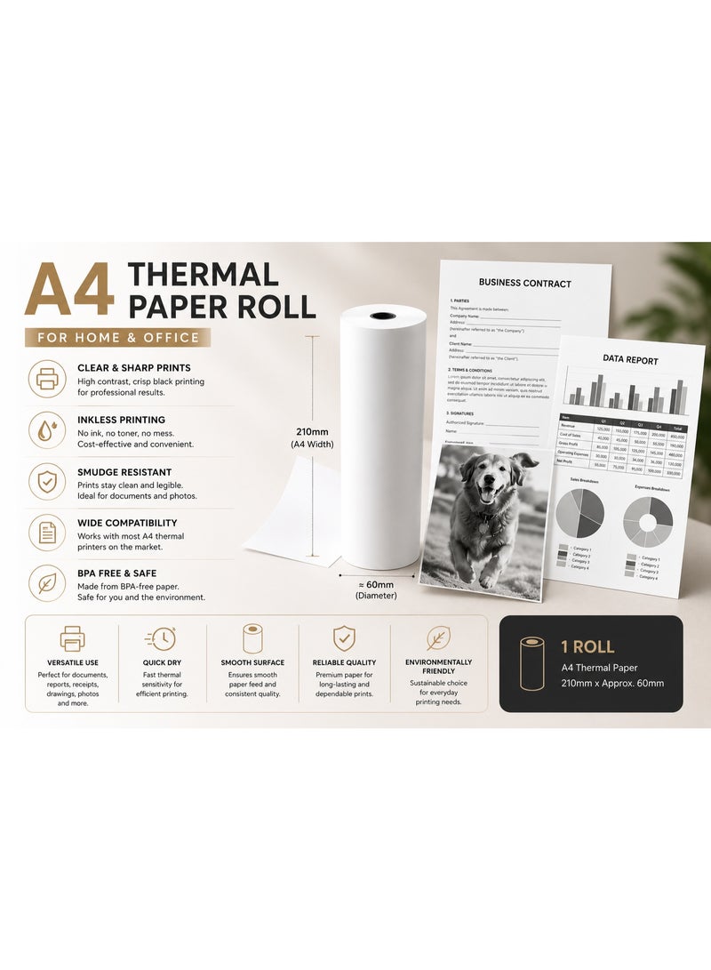 A4 Thermal Printer Paper Roll 210 × 30mm | Continuous Direct Thermal Paper | Smudge-Free Printing | Office, Business & Travel Use - Image 2
