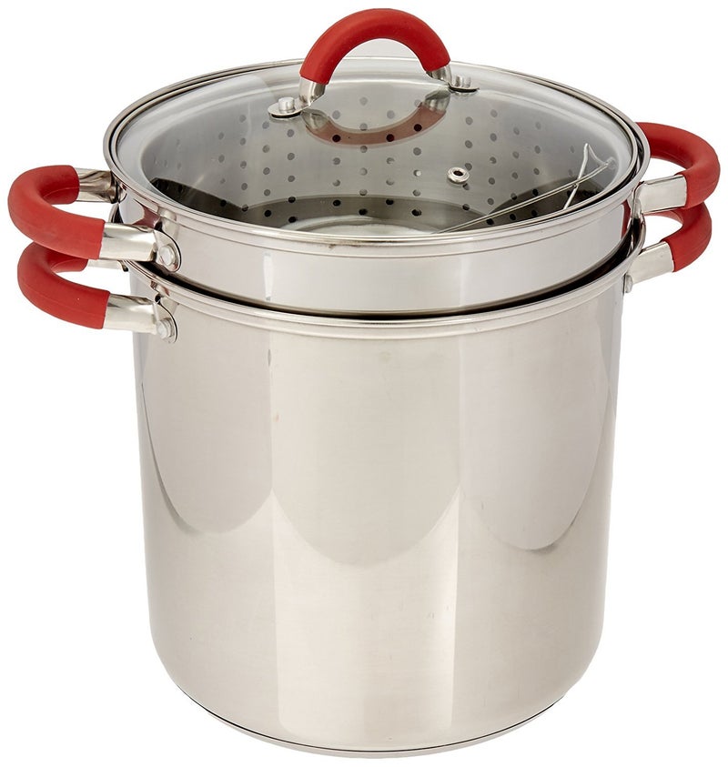 ExcelSteel ExcelSteel 8 Qt Multifunction Stainless Steel Pasta Cooker with Encapsulated Base Vented Glass Lid and Riveted Silicone Covered Handles 