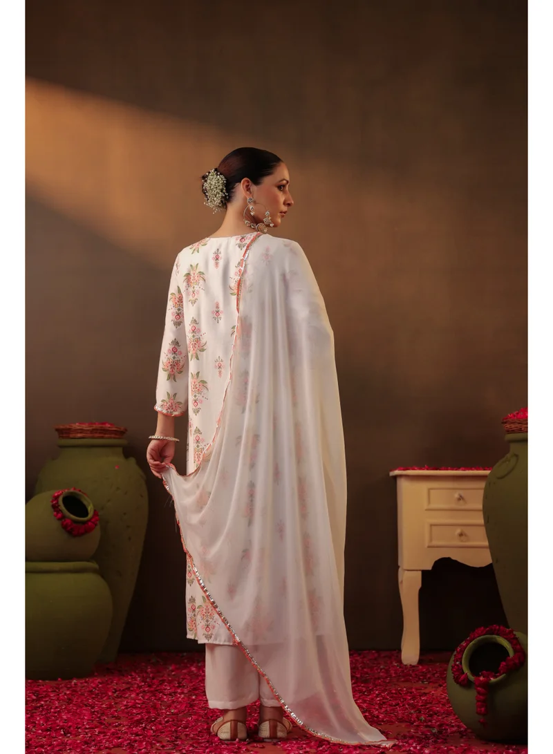PRIYA’S PANACHE Ivory Ivory Floral Printed Chanderi Silk Kurta Set for Ladies with Shantoon Palazzo & Chiffon Dupatta | Indian Ethnic Wear | Traditional Indian Dress for Women for Women | Best Price UAE