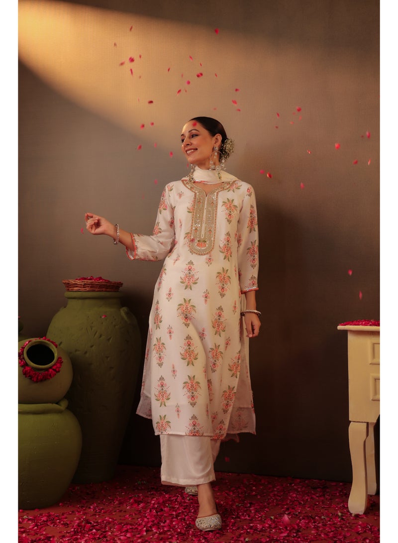 PRIYA’S PANACHE Ivory Floral Printed Chanderi Silk Kurta Set for Ladies with Shantoon Palazzo & Chiffon Dupatta | Indian Ethnic Wear | Traditional Indian Dress for Women - Image 2