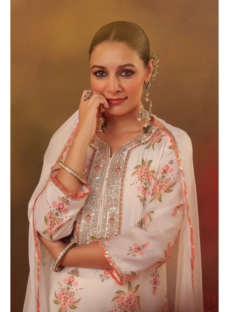PRIYA’S PANACHE Ivory Ivory Floral Printed Chanderi Silk Kurta Set for Ladies with Shantoon Palazzo & Chiffon Dupatta | Indian Ethnic Wear | Traditional Indian Dress for Women for Women | Best Price UAE