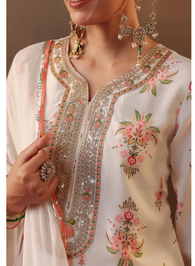 PRIYA’S PANACHE Ivory Ivory Floral Printed Chanderi Silk Kurta Set for Ladies with Shantoon Palazzo & Chiffon Dupatta | Indian Ethnic Wear | Traditional Indian Dress for Women for Women | Best Price UAE