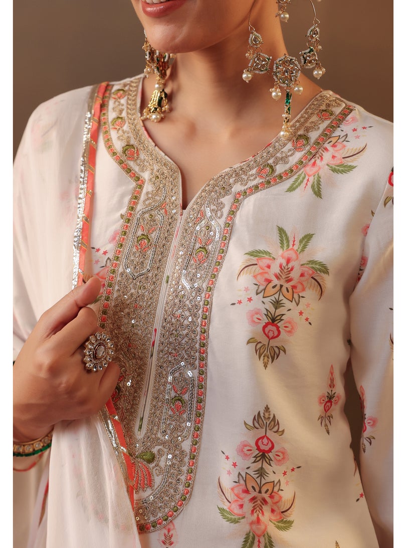 PRIYA’S PANACHE Ivory Floral Printed Chanderi Silk Kurta Set for Ladies with Shantoon Palazzo & Chiffon Dupatta | Indian Ethnic Wear | Traditional Indian Dress for Women - Image 3