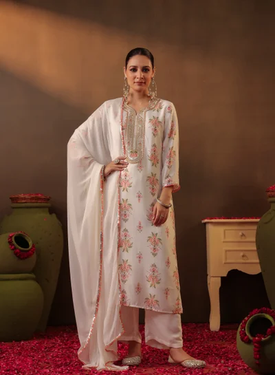 PRIYA’S PANACHE Ivory Floral Printed Chanderi Silk Kurta Set for Ladies with Shantoon Palazzo & Chiffon Dupatta | Indian Ethnic Wear | Traditional Indian Dress for Women