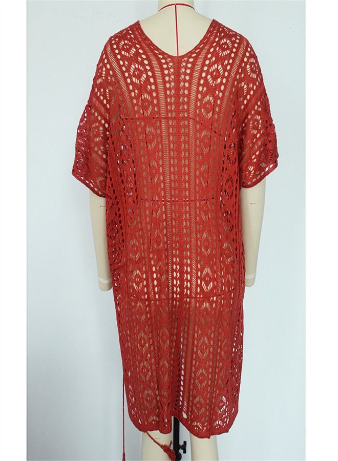 Loquat Solid Loose Beach Dress Rust Red  - Image 3