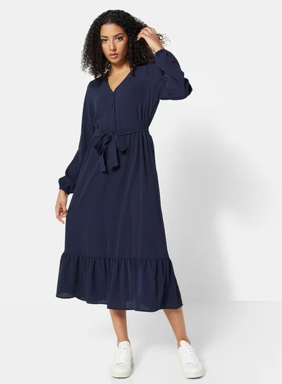 ONLY Belted Ruffle Midi Dress