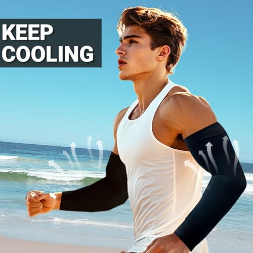 PFFY 2 Pairs UV Protection Cooling Arm Sleeves for Men & Women UPF 50 Breathable Sports Sleeve Black Color - Image 2