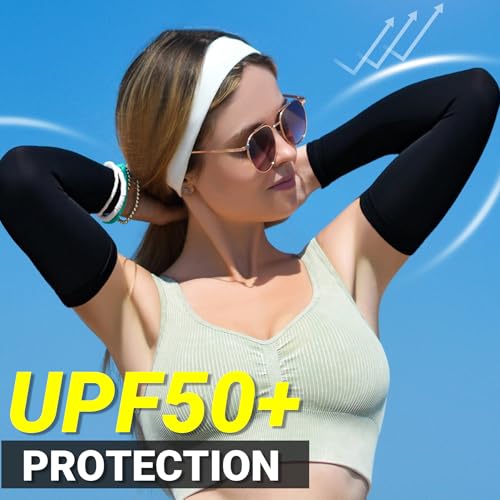 PFFY 2 Pairs UV Protection Cooling Arm Sleeves for Men & Women UPF 50 Breathable Sports Sleeve Black Color - Image 3