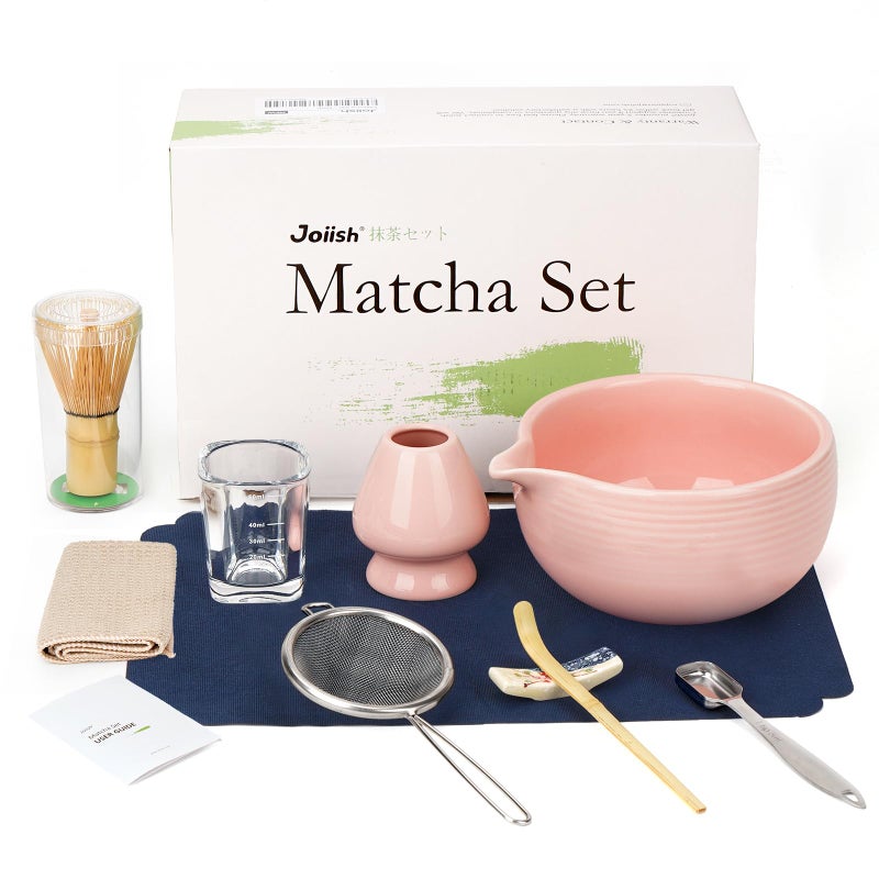 Joiish Matcha Whisk Set Matcha Kit 10Pcs Bamboo Whisk and Bowl with Spout Measuring Spoon Cup Japanese Matcha Tea Making Tools Light Pink