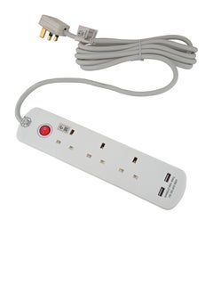 توصيلة كهرباء السيف 3 منافذ 13 أمبير / 5 متر أبيض مع 2 منافذ USB
