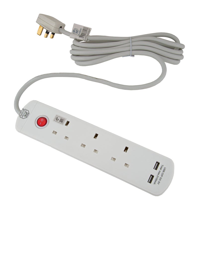 السيف - توصيلة كهرباء السيف 3 منافذ 13 أمبير / 5 متر أبيض مع 2 منافذ USB - Image 1