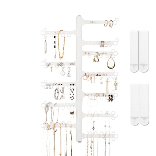 All Hung Up 12Tier 15 Wall Jewelry Organizer Command Strips included for Easy Hanging 120 Hole Earring Organizer Necklace Organizer Bracelet Holder Ring Holder Rotating Branches White
