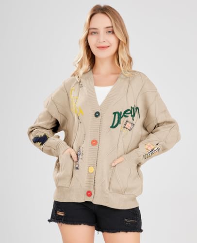 ebossy Women's Cable Knit Long Sleeve Open Front Cardigan Sheep V-Neck Button Down Embroidery Wool Blend Sweater Coat Outwear (XS, Khaki) - Image 2