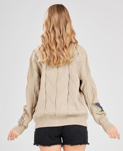 ebossy Women's Cable Knit Long Sleeve Open Front Cardigan Sheep V-Neck Button Down Embroidery Wool Blend Sweater Coat Outwear (XS, Khaki) - Image 3