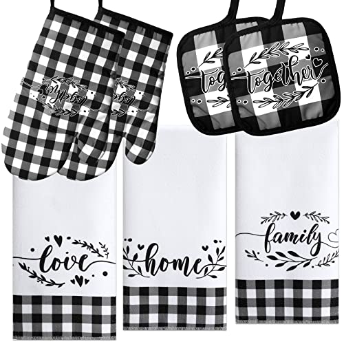 Oudain Oudain 7 Pcs Black and White Kitchen Towels Checkered Buffalo Kitchen Oven Mitts and Pot Holders Checkered Potholders Set Dish Towel Non Slip Farmhouse Plaid Decoration for Cooking Baking BBQVintage 