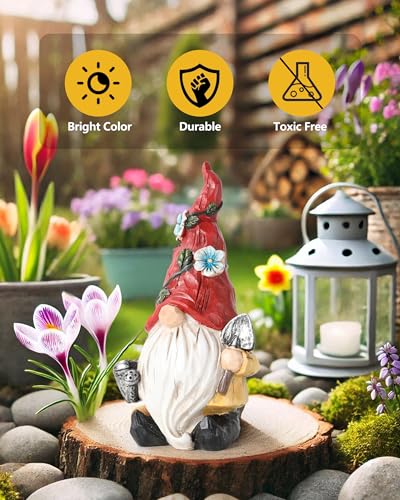 GoGnome Hand-Painted Resin Garden Gnome with Watering can and Shovel Figurine - 6.5" Summer and Spring Decorations for Home and Yard - Ideal Gnome Gifts for Women (Red) - Image 2