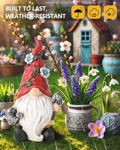 GoGnome Hand-Painted Resin Garden Gnome with Watering can and Shovel Figurine - 6.5" Summer and Spring Decorations for Home and Yard - Ideal Gnome Gifts for Women (Red) - Image 4