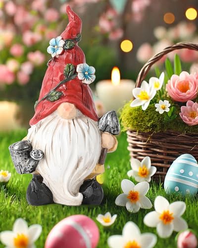 GoGnome Hand-Painted Resin Garden Gnome with Watering can and Shovel Figurine - 6.5" Summer and Spring Decorations for Home and Yard - Ideal Gnome Gifts for Women (Red) - Image 1