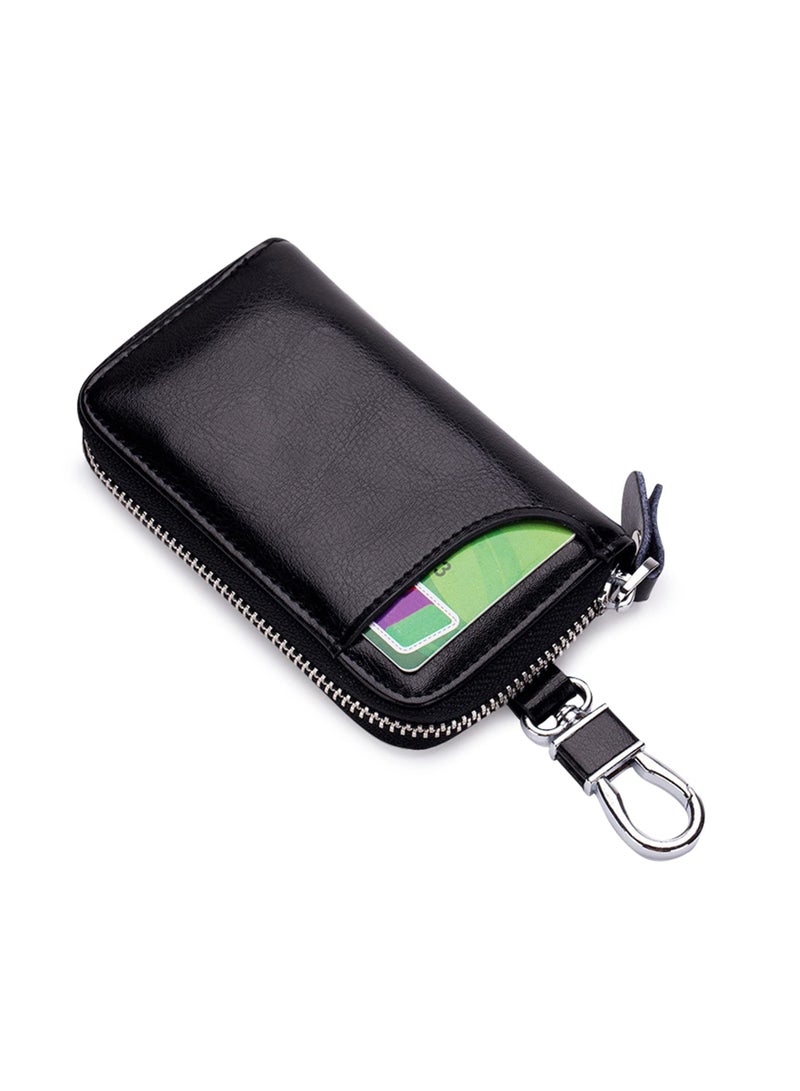 Generic Leather Car Key Case Genuine Leather Key Case Car Key Bag Key Pouch Portable Card Holder Keychain Wallet with 6 Hook for Men Women Black Keyring Zipper Bag  - Image 1