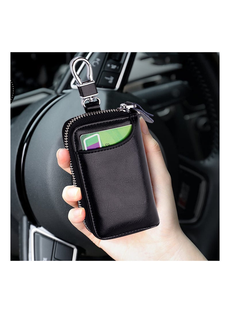 Generic Leather Car Key Case Genuine Leather Key Case Car Key Bag Key Pouch Portable Card Holder Keychain Wallet with 6 Hook for Men Women Black Keyring Zipper Bag  - Image 3