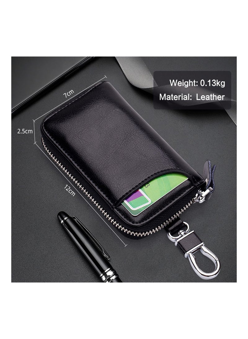 Generic Leather Car Key Case Genuine Leather Key Case Car Key Bag Key Pouch Portable Card Holder Keychain Wallet with 6 Hook for Men Women Black Keyring Zipper Bag  - Image 5