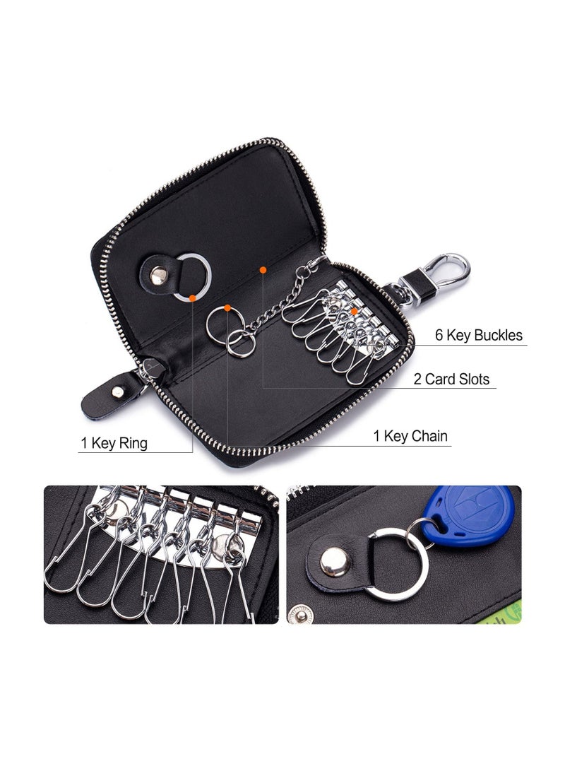 Generic Leather Car Key Case Genuine Leather Key Case Car Key Bag Key Pouch Portable Card Holder Keychain Wallet with 6 Hook for Men Women Black Keyring Zipper Bag  - Image 4