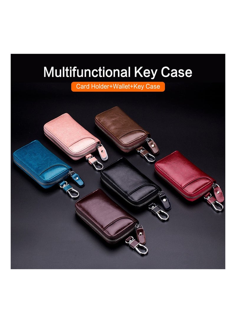 Generic Leather Car Key Case Genuine Leather Key Case Car Key Bag Key Pouch Portable Card Holder Keychain Wallet with 6 Hook for Men Women Black Keyring Zipper Bag  - Image 2