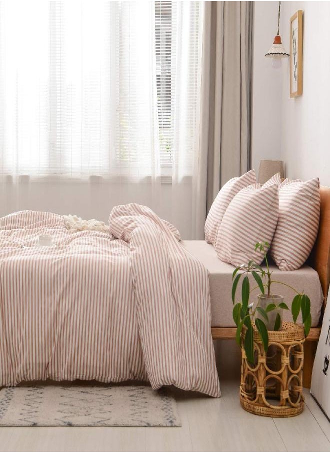 JELLYMONI JELLYMONI 100% Natural Cotton 2pcs Striped Duvet Cover Sets,White Duvet Cover with Pink Stripes Pattern Printed Comforter Cover,with Zipper Closure & Corner Ties(Twin Size)  - Image 1