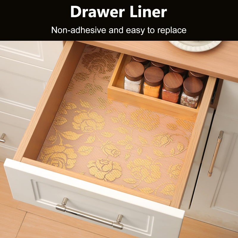 INNOLITES Shelf Liner for Cabinets, Non-Adhesive for Kitchen Drawer Liner, Waterproof Shelf Paper with Floral Pattern, Durable Easy to Clean (Golden Rose, 11.8" x 360") - Image 3