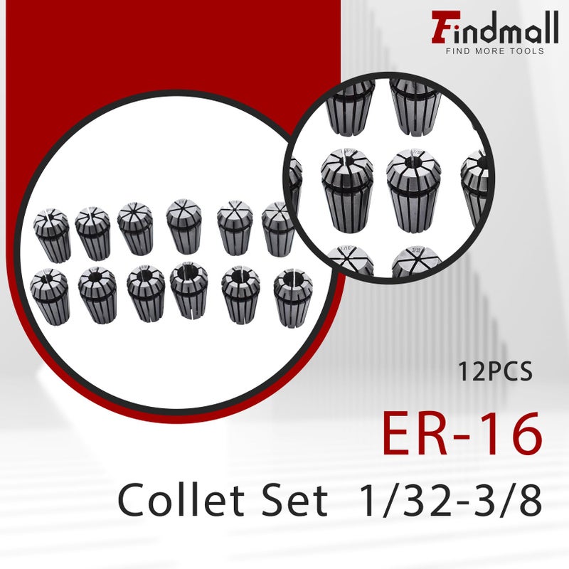 findmall مجموعة كوليت ER-16 12 قطعة مجموعة كوليت نابض ER-16 1/32-3/8 مناسبة لأداة الطحن CNC - Image 3