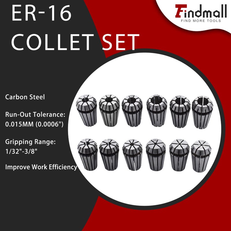 findmall مجموعة كوليت ER-16 12 قطعة مجموعة كوليت نابض ER-16 1/32-3/8 مناسبة لأداة الطحن CNC - Image 2