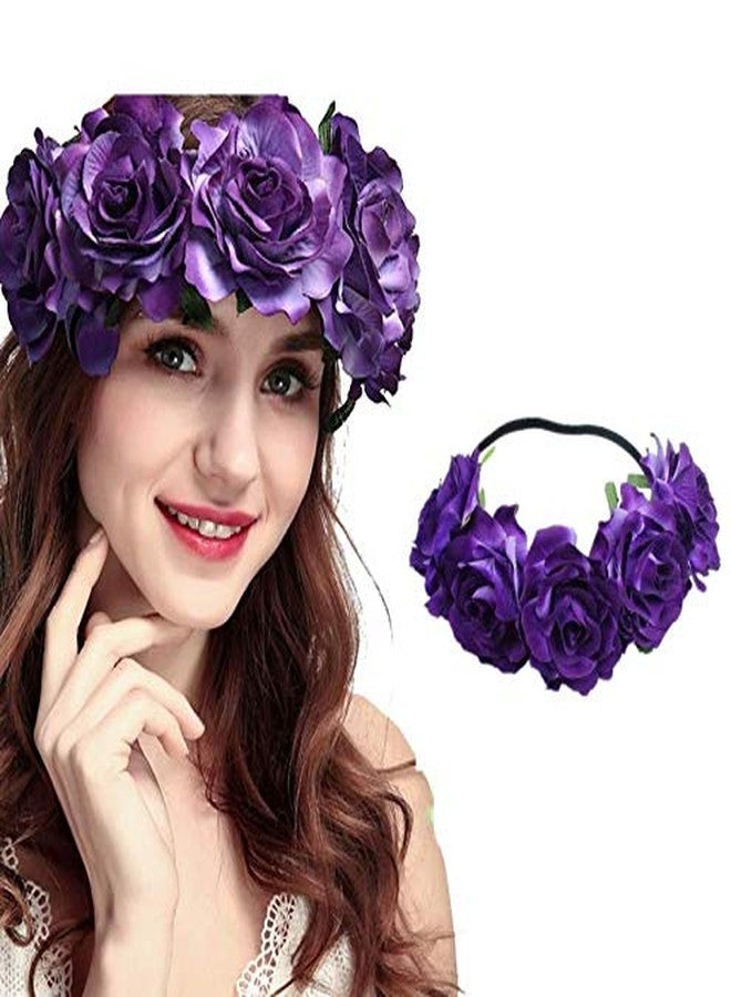DNHCLL Rose Floral Headpiece - Fake Flower Crown, Headband for Women, Girls, Hair Accessory, and Pet Wreath (Purple) - Image 2