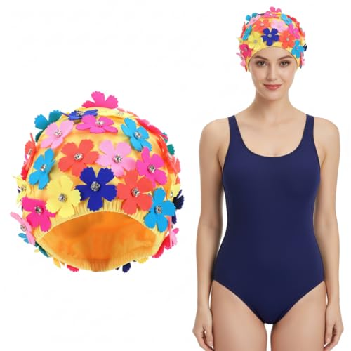 Veemoon Women Faric Floral Petal Swim Cap, Floral Retro Style Fabric Bathing Cap Fashionable Swimming Hat with Three-Dimensional Flower for Lady Girls Long/Short Hair Bathing Swimming - Image 1