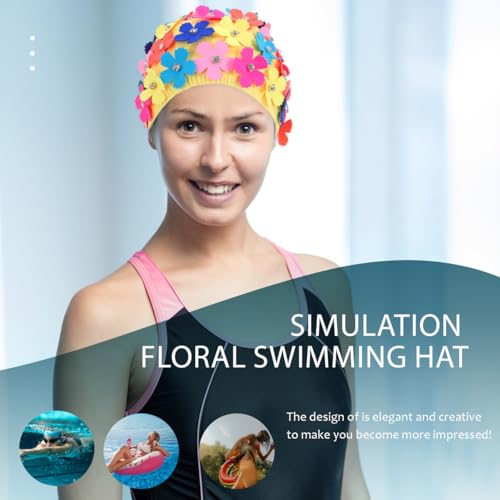 Veemoon Women Faric Floral Petal Swim Cap, Floral Retro Style Fabric Bathing Cap Fashionable Swimming Hat with Three-Dimensional Flower for Lady Girls Long/Short Hair Bathing Swimming - Image 2